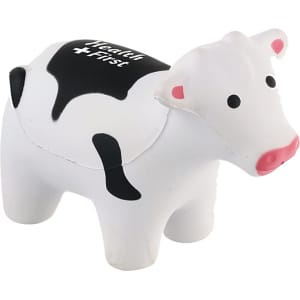 A white and black cow-shaped stress reliever with a design on its back, featuring a small logo.