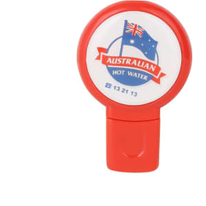 A round red flash drive with a circular top featuring an Australian flag design and a logo.