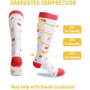 A pair of white compression socks with red accents, featuring a pattern and a logo.