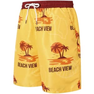Men's polyester board shorts in yellow with a beach view print featuring palm trees and a red waistband.