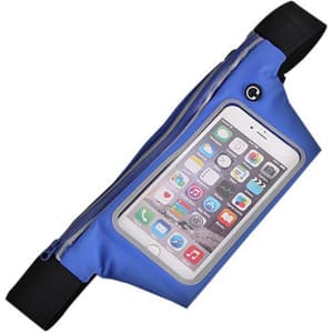 A blue sports waist bag with a transparent pocket for a phone and adjustable straps. It features a logo.