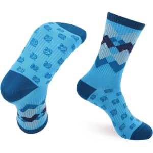 A pair of blue woven work socks featuring a geometric pattern and a logo, with contrasting darker blue highlights.