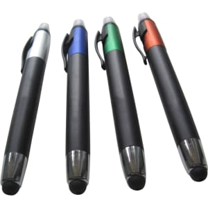 A set of four stylus pens with black grips, featuring silver, blue, green, and orange accents. Each pen has a logo.