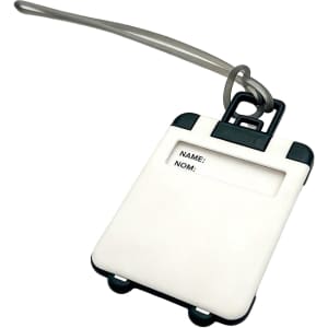 A white ABS luggage tag with a black border and a clear loop attachment. It features a name display area.