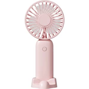 A pink handheld fan with a detachable base, featuring a button for operation and a sleek design.