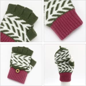 Fingerless gloves in green and white with a pink cuff and a button detail, featuring a jacquard pattern.