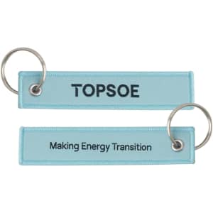 Two woven key tags in light blue featuring metal key rings and a logo.