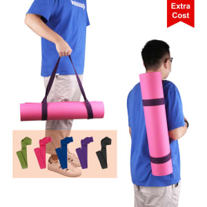A person carries a pink TPE yoga mat with a strap. The mat is displayed alongside colour options: green, purple, black, and navy.