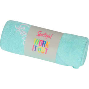 A rolled mint green sport towel with a logo and branding, wrapped in a promotional band.