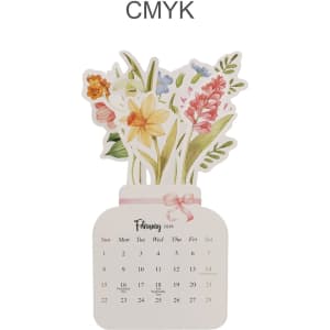 A floral-themed desk calendar featuring a vase design with assorted flowers, predominantly in pastel colours.
