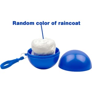 A blue plastic ball containing a folded rain poncho in a random colour, with a loop for attachment.