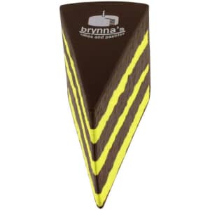 A chocolate cake-shaped stress reliever in brown with yellow stripes and a logo on top.