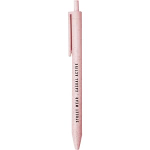 A pink ballpoint pen made from wheat straw, featuring a clip and a branding logo.
