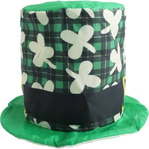 A green and black plaid top hat with white floral patterns and a wide brim.