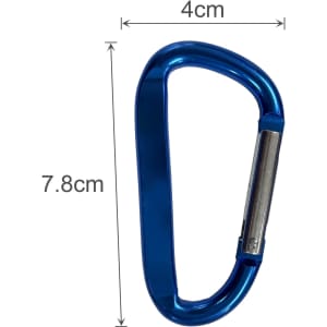 A blue 8cm carabiner with a silver locking mechanism, featuring a logo. Measurements are indicated as 4cm by 7.8cm.