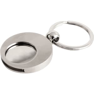 A metallic round keyring featuring a coin holder, with a smooth finish and a circular design.