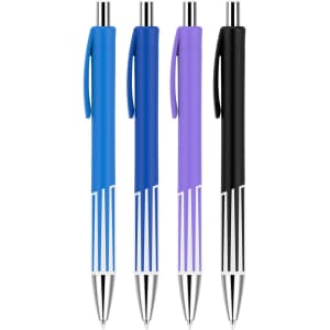 Four plastic pens with colourful barrels in blue, purple, and black, featuring silver accents and a logo.