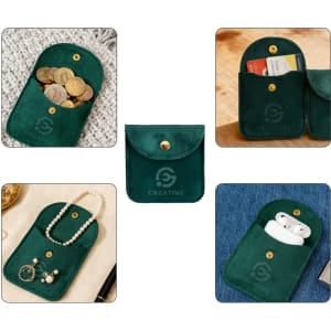 A green velvet jewelry pouch with a snap button, featuring sections for coins, cards, and accessories.