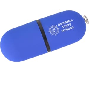 A blue flash drive with a rounded design and a keychain attachment, featuring a logo on one side.