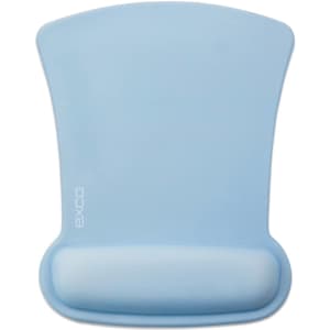 A light blue gel pad for mouse use, featuring a curved design and a smooth surface. It has a logo on one side.