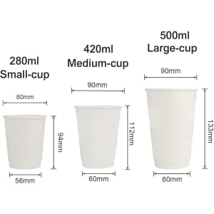 Three sizes of cream-coloured compostable paper cups displayed with measurements, featuring a cup sleeve.