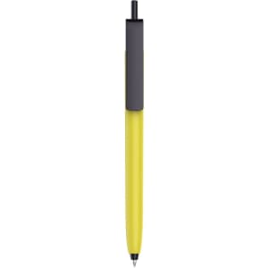 A plastic pen with a bright yellow barrel and a black cap, featuring a logo on the barrel.