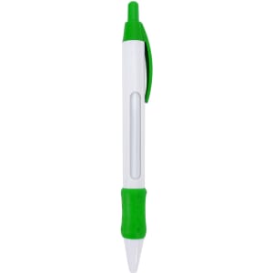 A white pen with green accents and a transparent window for revealing messages. The pen has a grip section.