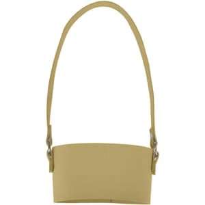 A drink bottle holder in a muted yellow colour, featuring a long strap and a shaped holder for the bottle.