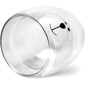 A drink bottle featuring a transparent double wall design with a bear face illustration. It has a smooth finish.