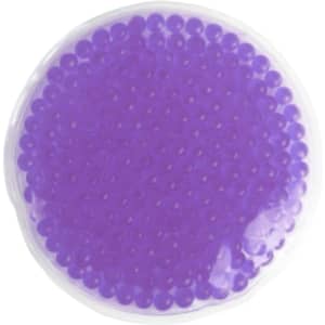 A round gel cold/hot pack in translucent plastic, filled with purple beads. It features a simple logo.