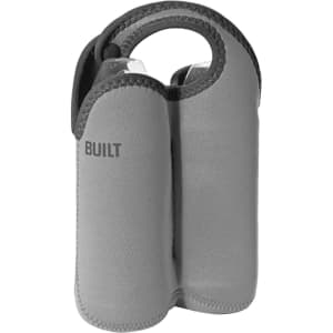 A drink bottle cooler in grey with a snap handle, designed to hold two bottles securely. Includes a branding logo.