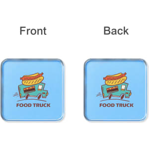 A blue acrylic coaster with a food truck illustration on the front and a plain back, featuring a logo.