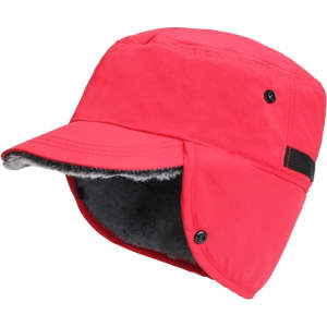 A thickened earflap hat in bright red with a soft, grey lining and a front brim, featuring a logo.