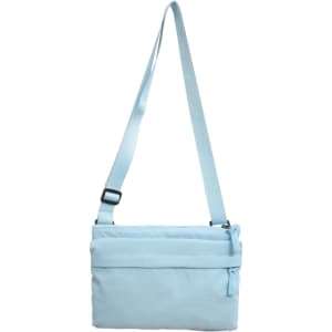 A lightweight crossbody bag in light blue with an adjustable strap and a zippered pocket. It features a logo.