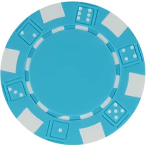 A blue poker chip with white accents and dotted designs, featuring a logo in the centre.