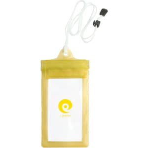 A waterproof phone bag in yellow with a clear front and adjustable neck string, featuring a logo.