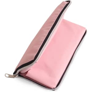 A pink foldable tote bag is partially unzipped, displaying its compact, lightweight design. The bag features a zipper and a lining.