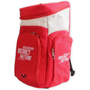 A red and white backpack with multiple compartments and a logo, designed for carrying sports gear.