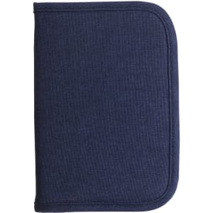 A navy blue passport holder with a textured fabric exterior and a zip-around closure.
