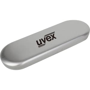 A silver tin with a black foam insert, featuring a logo on the lid, designed for pen packaging.