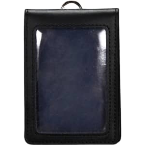 A black PU leather ID card holder with a transparent front pocket and stitched edges. It features a loop for attachment.
