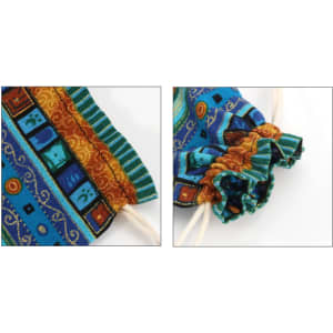 A collection of colourful linen burlap drawstring bags featuring intricate patterns and decorative trims.