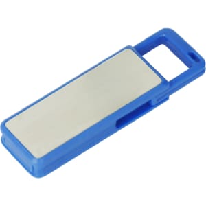 A blue flash drive with a silver panel, featuring a clip for attachment and a logo on the surface.