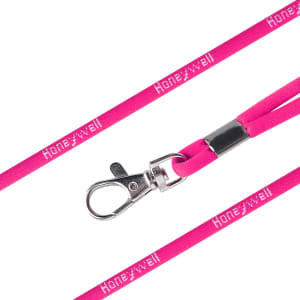 A pink poly rope lanyard with a metal clip and a logo along the length of the lanyard.