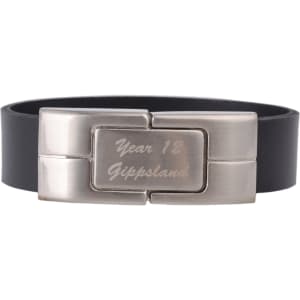 A black leather bracelet featuring a silver metal clasp with engraving. It has a polished finish and a sleek design.