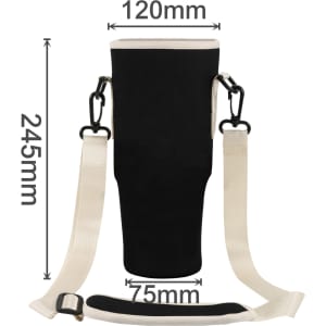 A drink bottle carrier bag in black with a removable strap and dimensions displayed prominently.