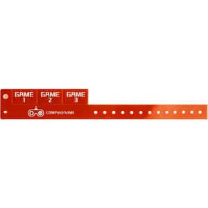 A red PVC wristband featuring three tabbed sections and a logo, designed for events and exhibitions.
