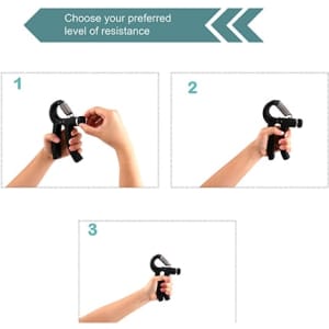 A black adjustable hand grip with a resistance dial, shown in three sequential positions for adjustment.