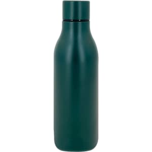A drink bottle in a matte dark green finish, featuring a sleek design and a screw-on lid. It has a logo on the side.