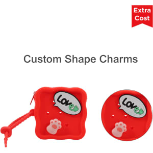 A red square silicone pouch with a paw print design and a round charm, both featuring a logo.